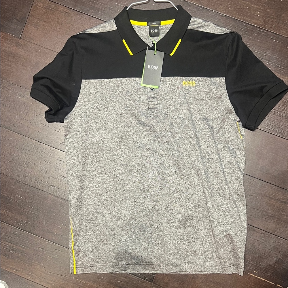 BOSS Men's Polo Shirt in Black, Gray, and Yellow
